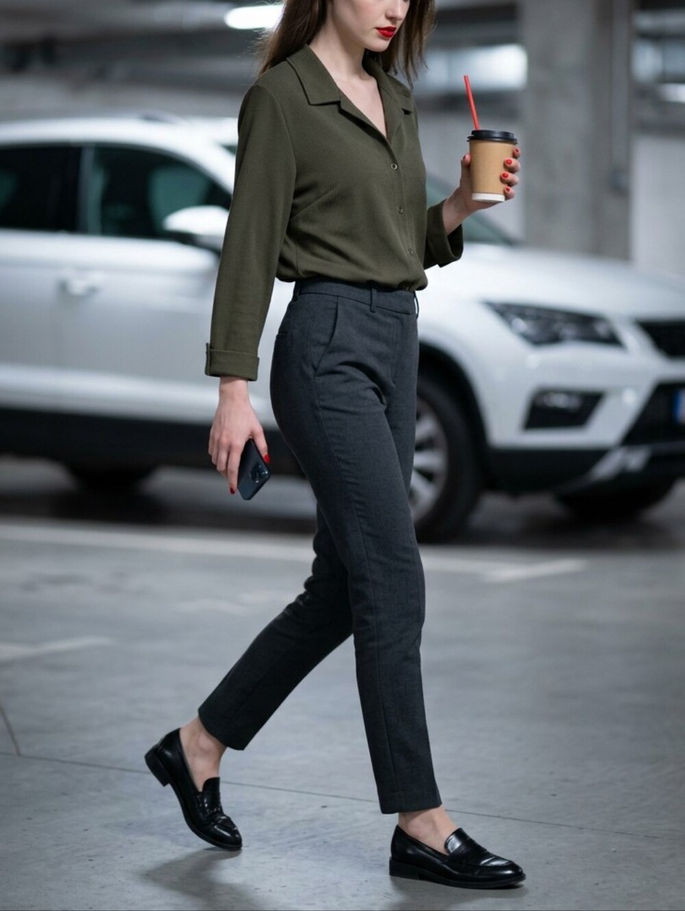 Papa Olive Green Waffle Button Front Blouse